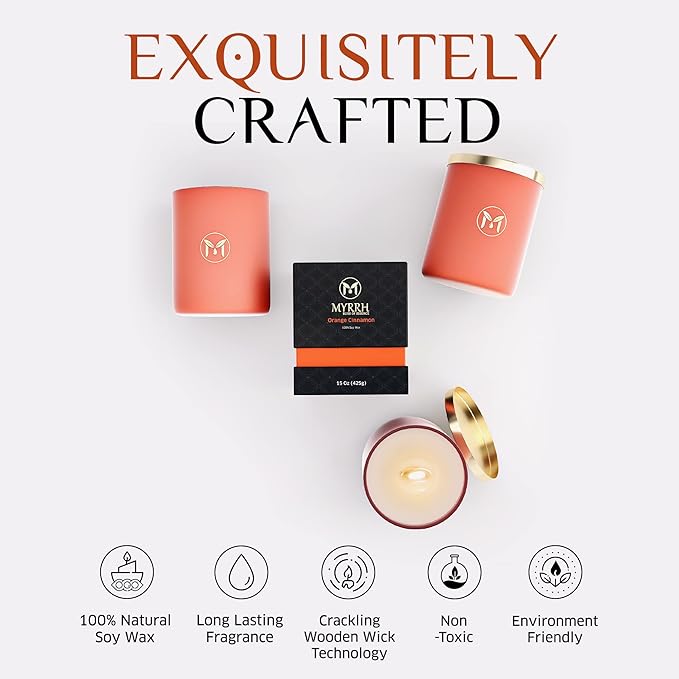 MyrrhUSA Orange Cinnamon Scented Candle – 15oz Natural Soy Wax with Crackling Wooden Wick & Essential Oil | 80 Hour Burn | Luxury Aromatherapy Candle for Relaxation, Home Décor, Living Room & Bathroom