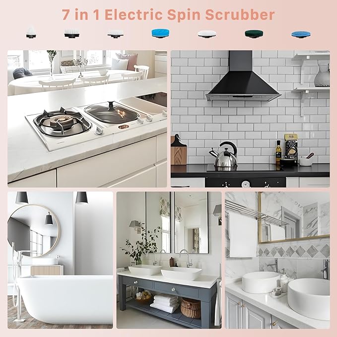 Electric Spin Scrubber, Hillyfe Bathroom Scrubber Electric with 7 Replaceable Brush Heads, IPX7 Waterproof,300/400 RPM, 3 Adjustable Length,Scrubber Brush Electric for Bathtub Floor,Pink