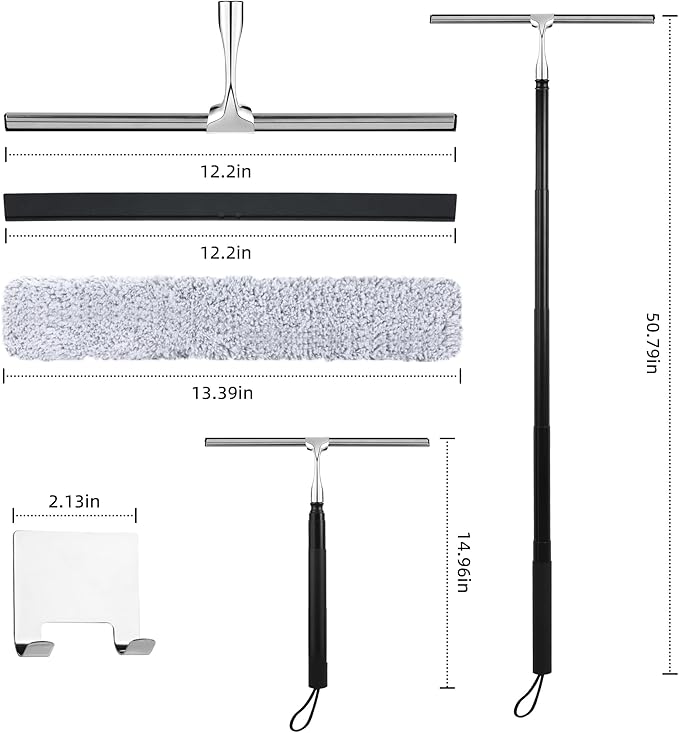 Toncoke Window Squeegee for Home, 2 in 1 Window Washing kit with Extension Pole Long Handle Squeegee for Shower Glass Floor Tile Wall Car Windshield, 12 inch Wide, Black