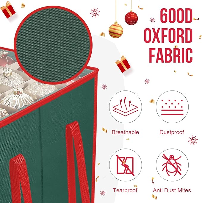Christmas Ornament Storage Box, Stores Up to 100 Count 3 Inch Ornaments, 5 Individual Trays, Adjustable Dividers, 600D Oxford Fabric, Large Organizer Bin to Protect and Store Holiday Décor