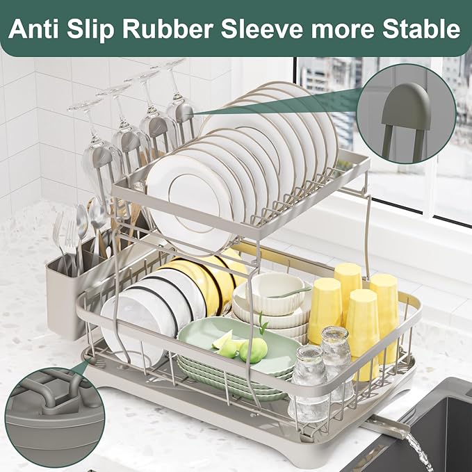 LIYI Dish Drying Rack,Large Dish Rack for Kitchen Counter,2-Tier Dish Racks with draining Tray,Detachable Capacity Dish Drainer Organizer,Grey