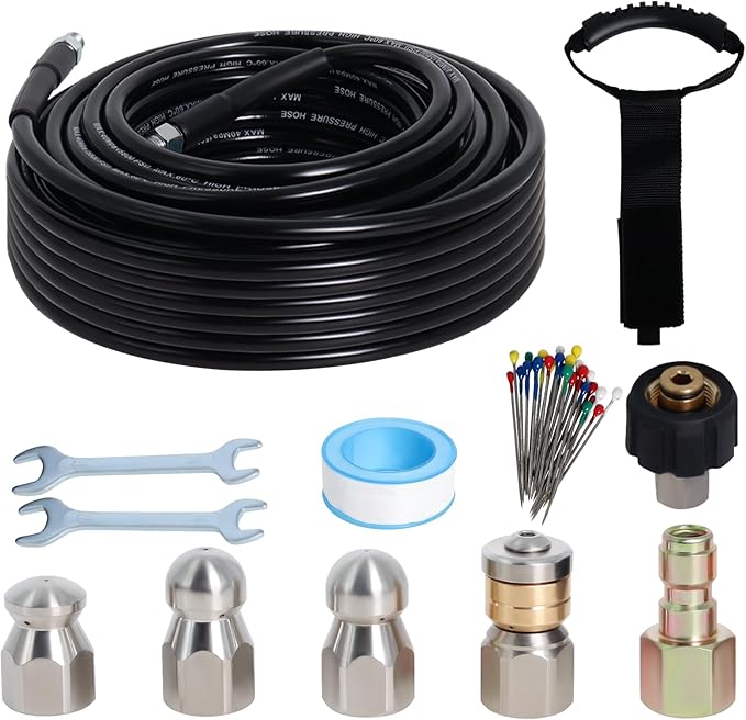 Zejoot 50FT Sewer Jetter Kit for Pressure Washer, 5800PSI Drain Cleaner Hose 1/4 Inch NPT Corner with 4 Sewer Jetting Nozzles，Waterproof Tape，Pearl Corsage Pin，Handle Strap & 2 Spanners (Black)