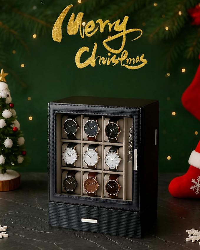 Jenseits 9-Slot Watch Box, Mens Jewelry Box with Glass Lid and Drawer, Leather Watch Organizer for Watches, Sunglasses, Vertical Watch Case Holder for Men Women, Gift Idea
