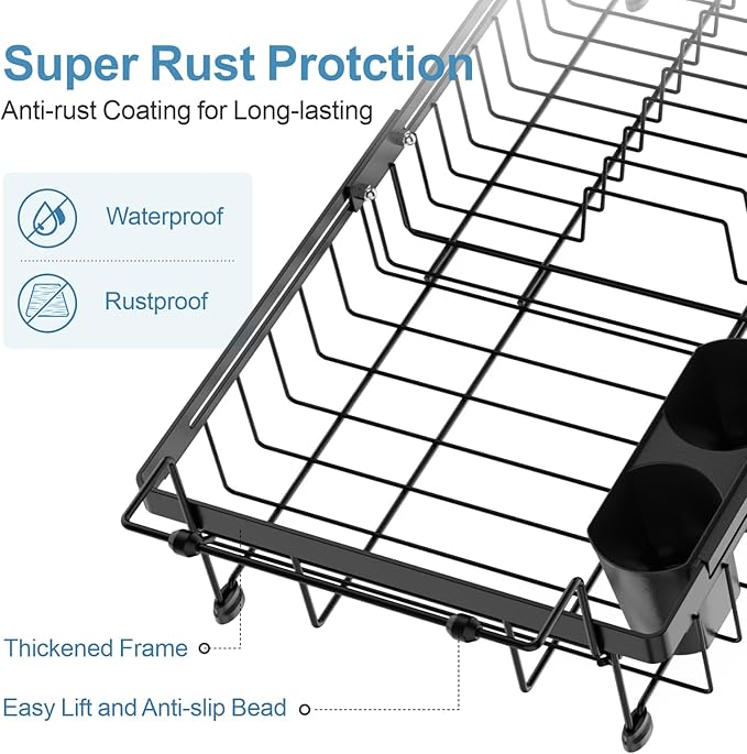 iSPECLE Expandable Dish Drying Rack with Silicone Sink Protector for Large Kitchen Sink, Rust Resistant Adjustable Dish Drainer with Tightening Knob, 12.8" W x 15.8"-20.7" L, Black