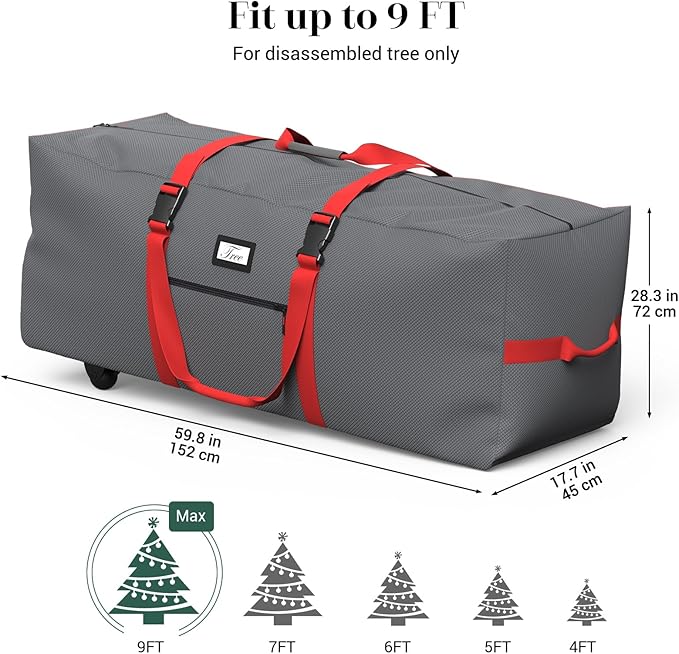 Rolling Christmas Tree Storage Bag for 9 ft Artificial Tree, 600D Waterproof Oxford Fabric, Large Christmas Tree Bag with Dual Zipper, Wheels, Handles, Heavy Duty Xmas Storage Container - Gray