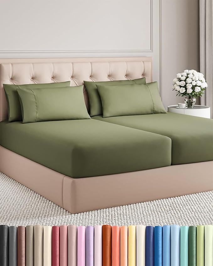 Split King 7 Piece Sheet Set - Comfy Breathable & Cooling - Soft Hotel Luxury Bedding Set with 8-16 Inch Deep Pockets - 1 Flat & 2 Fitted Sheet & 4 Pillowcases - Wrinkle Free & Easy Care - Sage Green