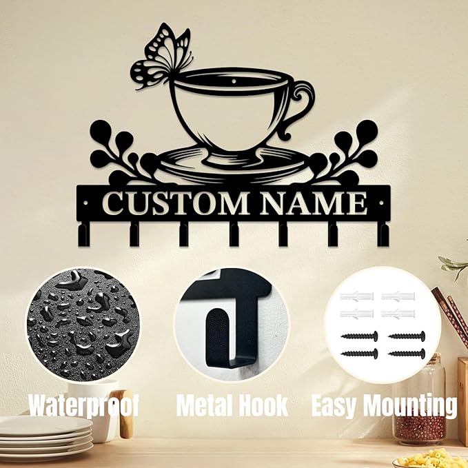 Personalized Custom Name Coffee Bar Wall Keys Hooks,Metal Coffee Shop Art Clothes Hooks,Metal Coffee Lover Wall Home Storage Decorative,For Front Door, Hallway, Kitchen, Bedroom,Keys,Hats (Style B)