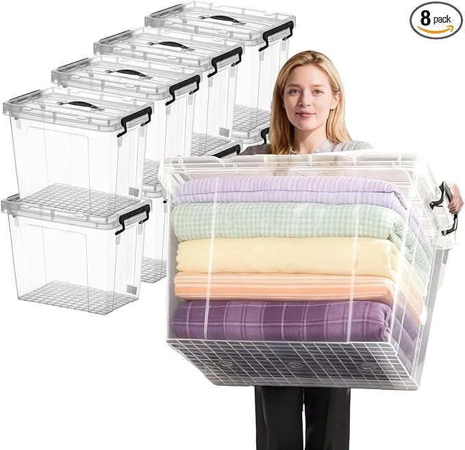 720 QT Clear Large Storage Bins with Lids, 8 Pack 90 QT-Stackable Plastic Organizer for Home, Office, Garage, BPA-Free, Heavy-Duty, See-Through Containers with Secure Latches & Handles