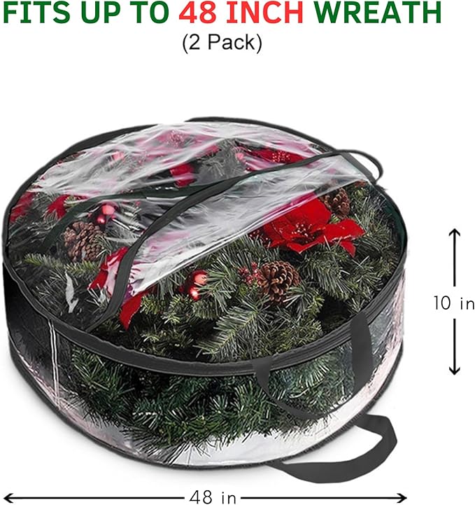 ProPik Christmas Wreath Storage Bag - 2 Pack Artificial Christmas Wreath Storage Container- Garland Holiday Wreath Storage Holder –Water Proof Transparent Clear PVC - with Handles (Black, 48 Inch)