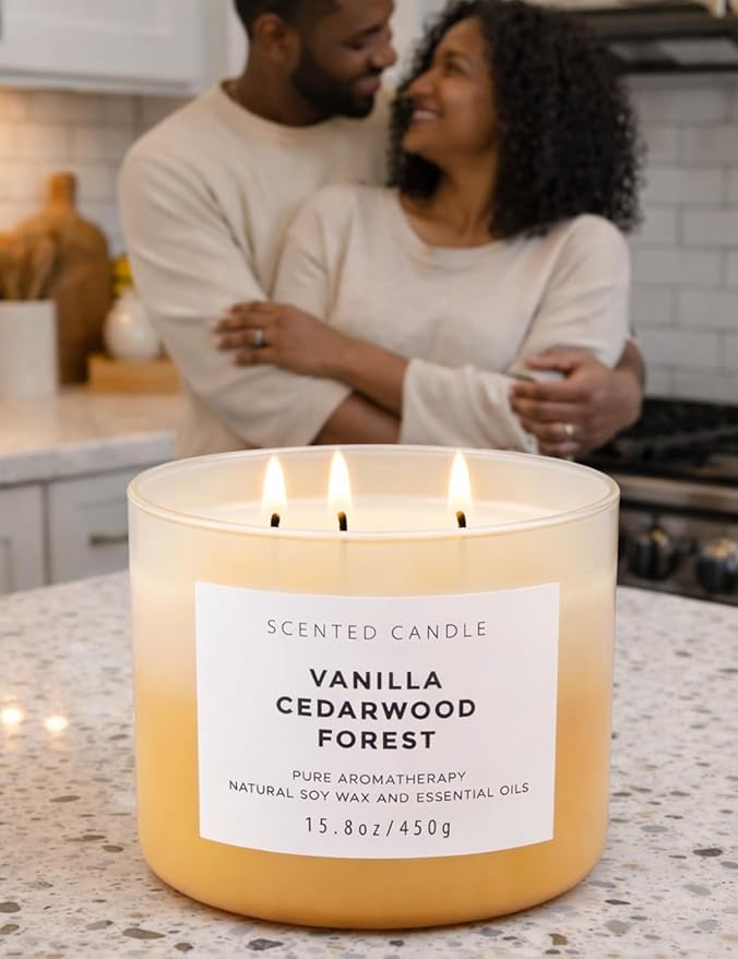 Vanilla Cedarwood Candle 3 Wick Soy Candles for Home Scented, Large 15.8oz Warm Cozy Vanilla Cedar Woods, Relaxing Aromatherapy Candle, Long Lasting Clean Burn, Living Room Bedroom Spa Gift