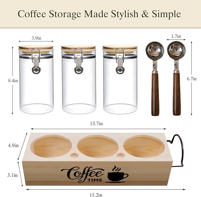 EQEY Glass Coffee Canister Set with Shelf & Spoons - 3 Piece Airtight Seal Coffee Bean Storage Containers & Filter Holder for Kitchen Organization