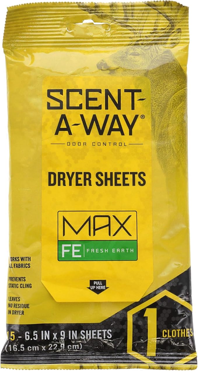 Hunters Specialties Scent-A-Way Dryer Sheets - Re-Sealable 15 Sheets Pack No Residue Odorless/Fresh Earth Scent for All Fabrics & Hunting Clothes