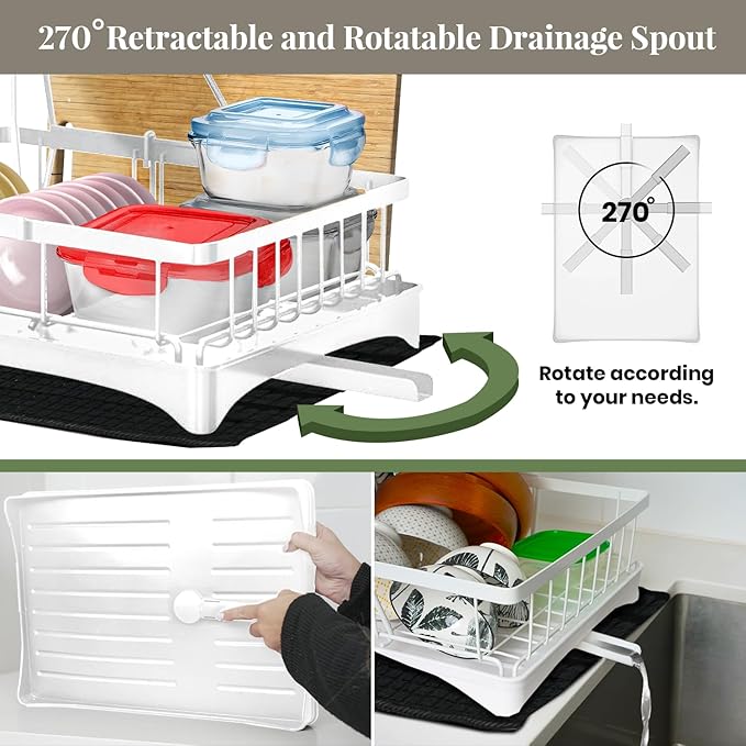 DINEST 2 Tier Dish Drying Rack with Drainboard – Rust Resistant Iron Kitchen Dish Rack with 270° Rotating Spout, Utensil & Plate Holders – Compact Drying Rack for Kitchen Counter - White