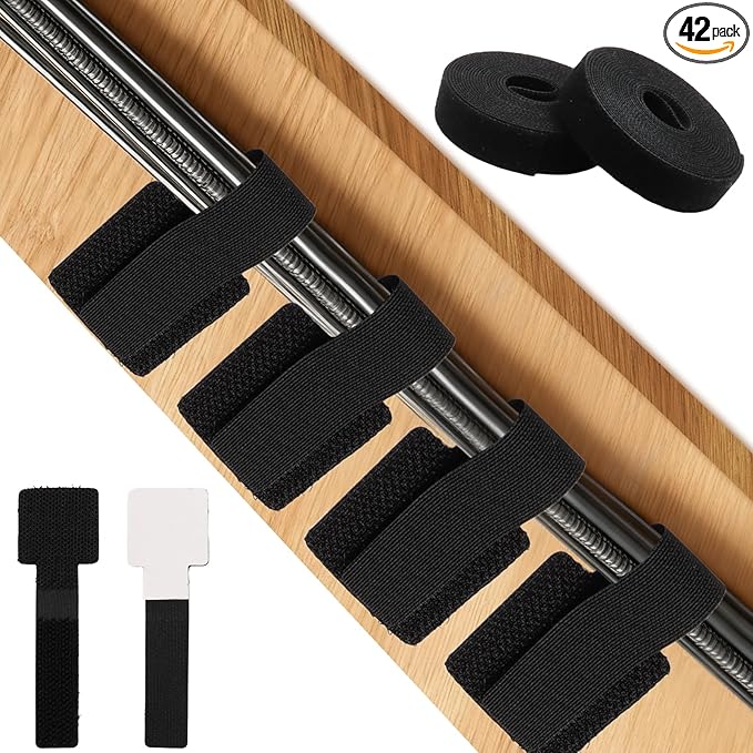 Rierdge Cable Management Kit - 40 Heavy-Duty Self-Adhesive Hook & Loop Ties with 2 Extra-Long Extension Straps for Desk, Home Office & Workshop (Black)