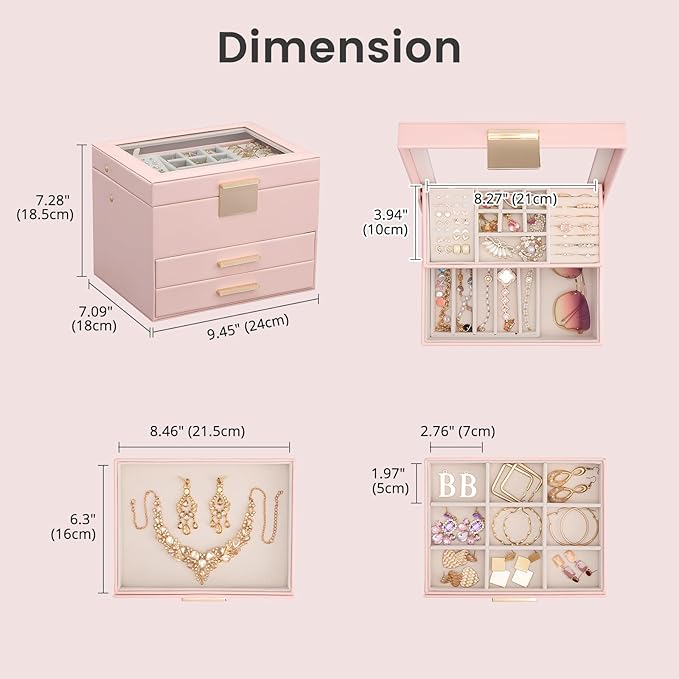 Lolalet Jewelry Box, Clear Window Jewelry Organizer with Drawer for Earrings Bracelets Necklaces Rings, Jewelry Storage for Women -Pink, 4 Layers