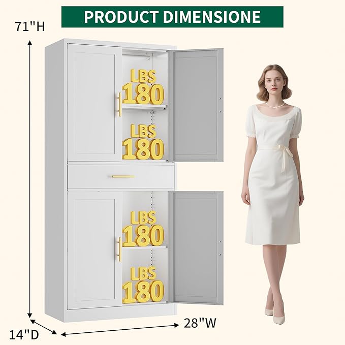 CJF White Kitchen Pantry Cabinet,71 Inch Tall Metal Storage Cabinet with Adjustable Shelves and 1 Drawer, Freestanding Pantry Cabinet for Kitchen, Living Room, Dining Room, Bathroom, Easy to Assemble