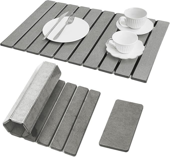 Large Stone Dish Drying Mat for Kitchen Counter, 2PCS Quick Dry Stone Dishes Mats, Foldable Water Absorbing Diatomaceous Earth Drying Pad for Bottles Dish Cups(Light Gray 24"×16" & 8"x5")