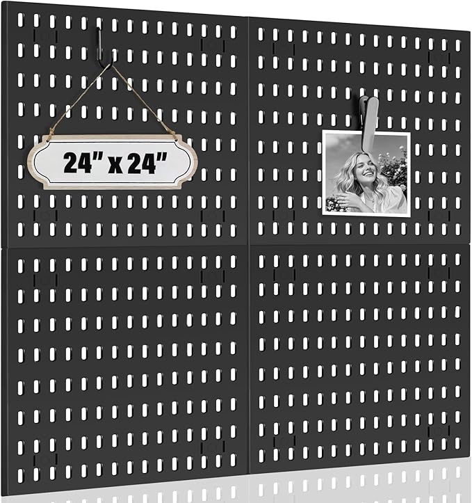 AKTOP Peg Board Wall Organizer 4-Pack – 12"x12" Black Pegboard Panels for Walls, Plastic Desk Wall Mount Tool Organization for Home, Office, Garage Tool Storage & Craft Room