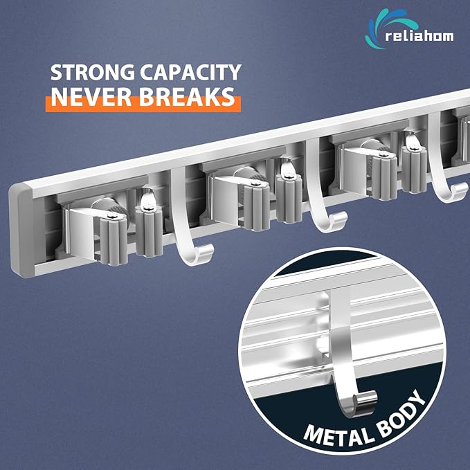reliahom Broom Holder Wall Mount Mop and Broom Hanger Wall Mounted Garage Storage Rack Kitchen Garden Tool Organizer (5 Racks with 4 Hooks, Silver)
