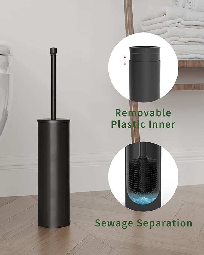 WZKALY Toilet Brush and Holder Set, Toilet Bowl Brush for Bathroom with Long Handle, Stainless Steel Toilet Cleaner Brush with Durable Scrubbing Bristles,Splash-Proof (Matte Black)
