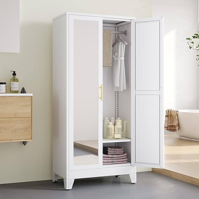 71" Metal Armoire Wardrobe Closet, Steel Clothing Storage Cabinet with Mirror and Adjustable Shelves, Household Steel Wardrobes Storage Cabinet with Adjustable Standing Feet and Hanging Rod（White）