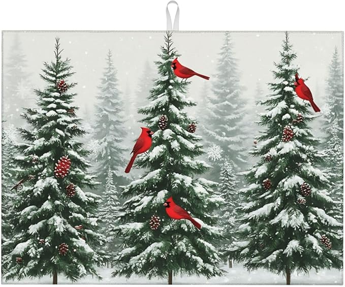 Pine Cardinal Dish Drying Mat 18x24 For Kitchen Counter Absorbent Microfiber Dishes Pad Dish Drainer Rack Mats Fast Dry Kitchen Accessories