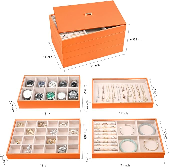 Voova Stackable Jewelry Organizer Tray with Lid, PU Leather Jewelry Storage Holder for Drawer Inserts, Jewellery Display Box Case for Earring Necklace Ring Watch Bracelet (Set of 4, Orange)