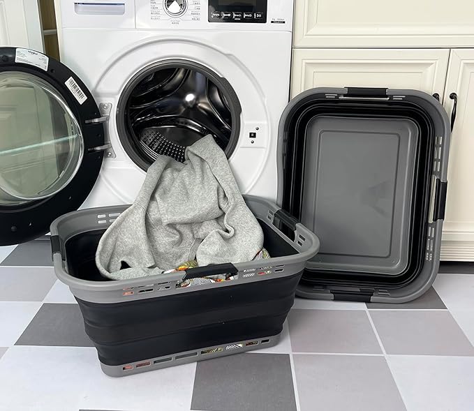 SAMMART Set of 2 Collapsible Plastic Storage Basket - Foldable Pop Up Storage Container - Portable Laundry Organizer - Space Saving Hamper (Grey/Black, 42L (Style A))