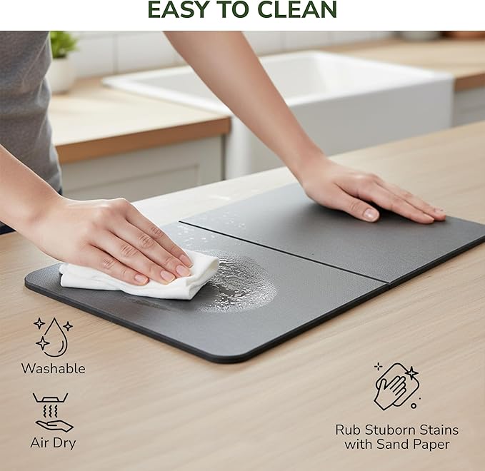 2-Panel Large Foldable Stone Drying Mat 24"x16" – Diatomaceous Earth Stone Dish Drying Mat, Ultra-Absorbent Stone Drying Mat for Kitchen, Collapsible Quick-Dry Countertop Protector for your Dishes