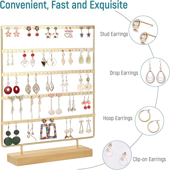 5 Tier 120 Hole Earring Holder Organizer, Rust Proof Metal and Wooden Base Jewelry Organizers and Storage for 60 Pairs of Earrings, Suitable for Home Storage and Sales Display