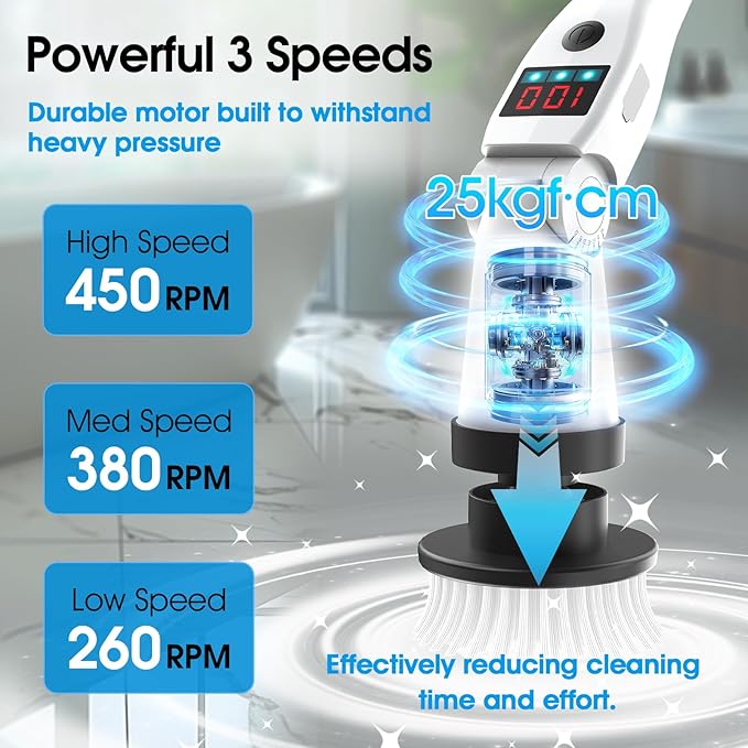 Hdyfix Electric Spin Scrubber, Shower Scrubber with Long Handle & 3 Speeds, 5200mAh Rechargeable Cordless Power Scrubber, Retractable & Adjustable Angle Spin Brush for Cleaning Bathroom/Tub/Floor/Tile