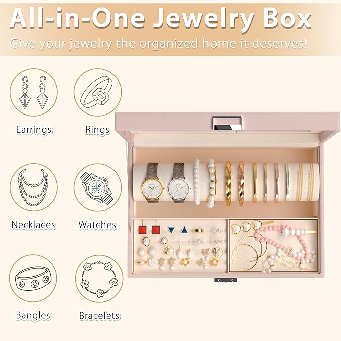 Jewelry Organizer Box with Clear Glass Lid, Bracelet Holder Jewelry Storage Case for Earrings, Rings, Bangles, Watches - PU Leather Jewelry Display Box Gifts for Women Girls, Pink