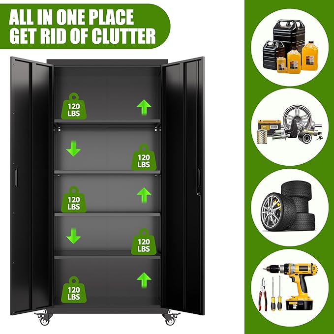 Garage Storage Cabinets with Wheels,Metal Storage Cabinet with Adjustable Shelves forGarage Office Home Warehouse, Assemble Required, Black,15.71" D x 31.57" W x 73" H