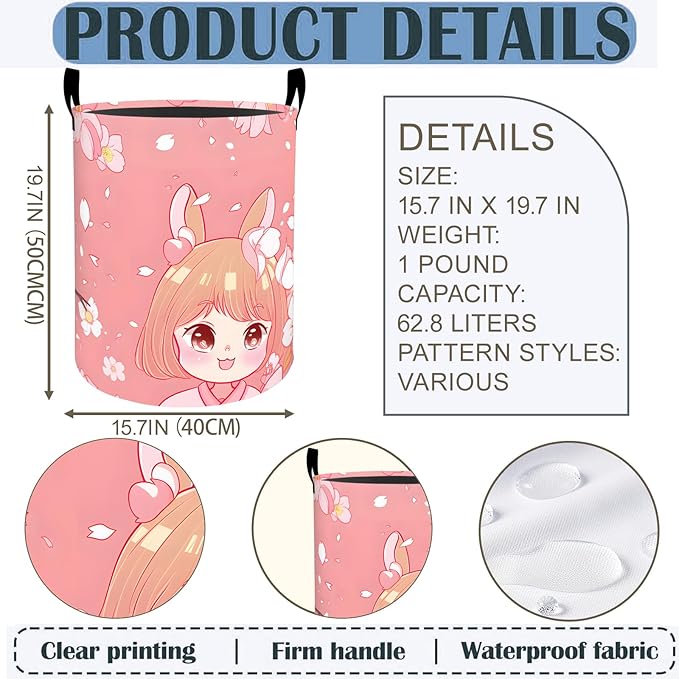 Anime Girl Laundry Basket Hamper 19.7"x15.8", Cherry Blossom Foldable Waterproof Oxford Clothes Storage Bucket for Room Bathroom Bedroom Nursery Decor, Toy Organizer Bins Gifts for Kids Boys Girls