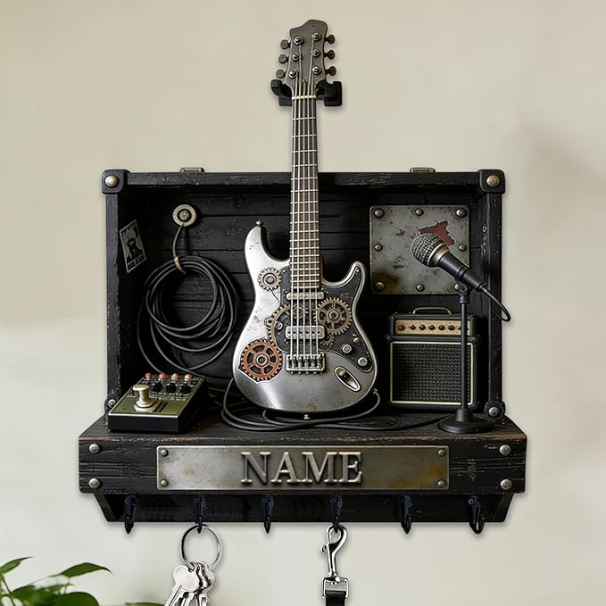 Personalized 2D Flat Print Guitar Stand Themed Wall Mounted Hooks for Music Lovers Family Friends Custom Rock Electric Guitar Coat Rack Music Themed Key Storage Holder for Living Room Hallway Office