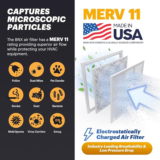 BNX TruFilter 14x25x1 Air Filter MERV 11 (6-Pack) - MADE IN USA - Allergen Defense Electrostatic Pleated Air Conditioner HVAC AC Furnace Filters for Allergies, Dust, Pet, Smoke, Allergy MPR 1200 FPR 7
