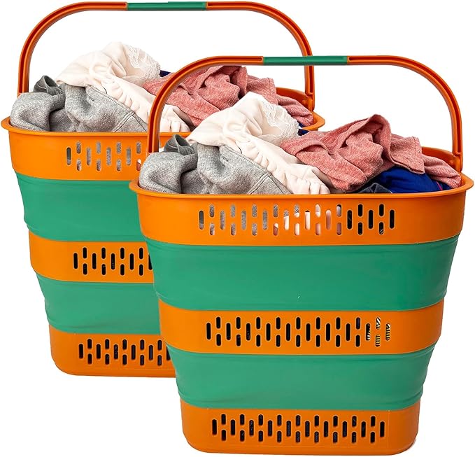 SAMMART 38L(10 Gal) Collapsible Laundry Basket - Foldable Pop-Up Storage Container/Organizer-Portable Space Saving Hamper, Measure 17.5x13.3x15.7"/3.8" Expanded/Collapsed (2, Autumn Leaf/Forest Green)