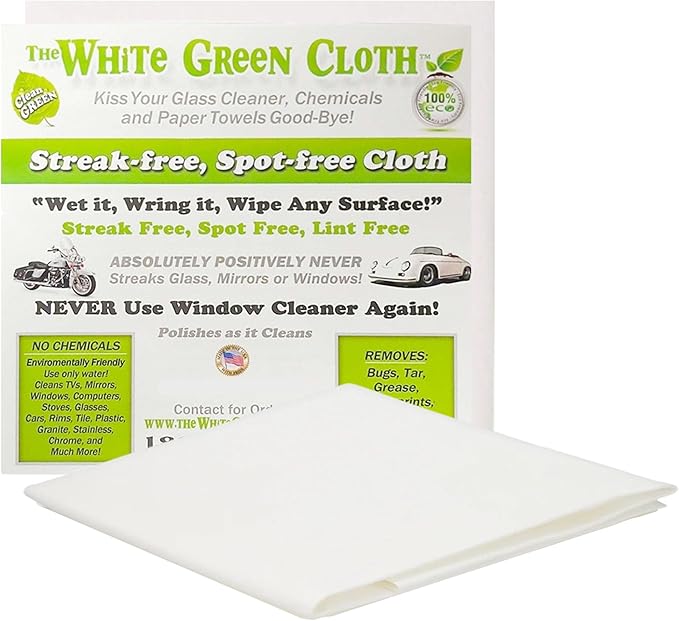 The White Green Cloth 1-Pack Reusable Cleaning Cloth for Streak-Free Windows, Mirrors & All-Purpose Cleaning – Chemical-Free, Absorbent, Non-Abrasive, 16" x 16" White Cleaning Rag, Made in The USA