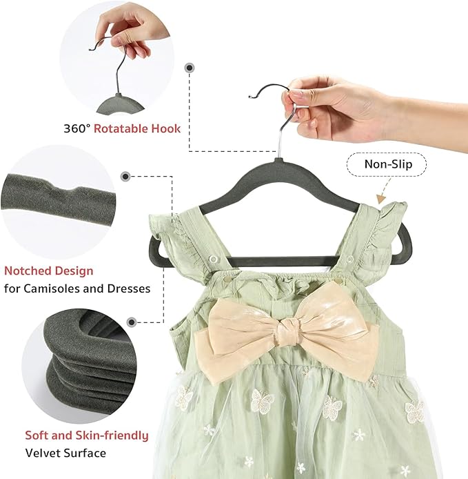 Velvet Baby Hangers, 50PCS Kids Velvet Hangers, Non-Slip & Space Saving Velvet Baby, 11.8 Inch Baby, Toddler, Felt for Toddler Children Closet (Gray)