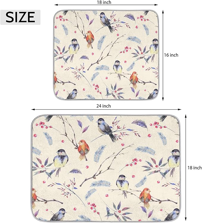 Hexteria Vintage Birds Dish Drying Mat Microfiber Kitchen Drying Mat Dish Drying Mats for Kitchen Counter Absorbent Quick Drying Pad 18x24 Inch