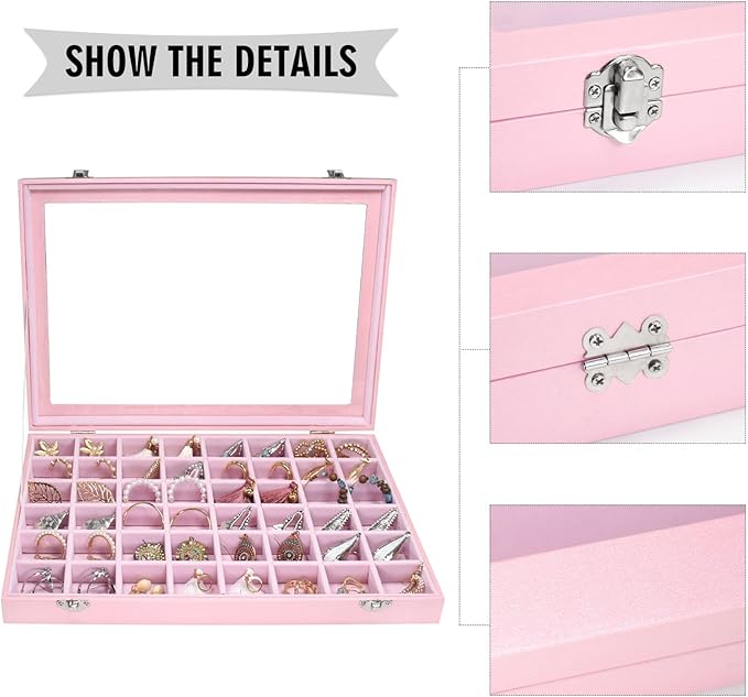 Jewelry Tray Organizer Box 48 Grid Jewelry Display Organizer Box with Transparent Lid Rings Earrings Necklaces Pendants Display Box Suitable for Women and Girls (48 Grid, Pink)