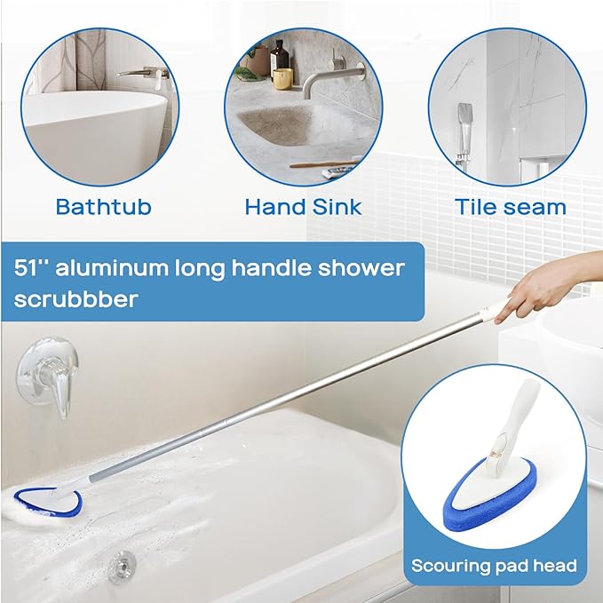 Qaestfy Shower Scrubber Cleaning Brush Combo Bath Tub Tile Cleaner Scrubber Brush with 51'' Adjustable Long Handle Scrub Brush for Bathroom Shower Bathtub Wall Mop Cleaning Scrubbing