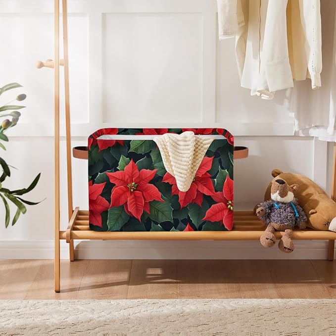 Storage Baskets Bin, Christmas Winter Poinsettia Collapsible Canvas Fabric Storage Bin Decorative Baskets Toy Organizer Rectangle Storage Boxes with Handles for Home Shelves Nursery, J-006