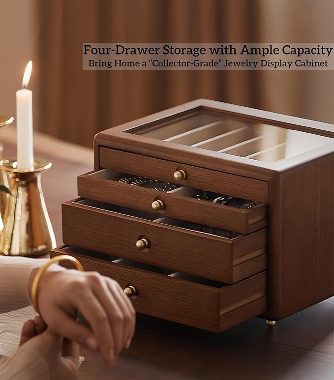 Solid Wood Jewelry Organizer,Vintage Jewelry Box for Women,4 Layer Wooden Box,Jewelry Storage with Glass Lid,Organizers and Storage for Rings,Earrings,Necklace,Watches,Gifts(No Mirror)