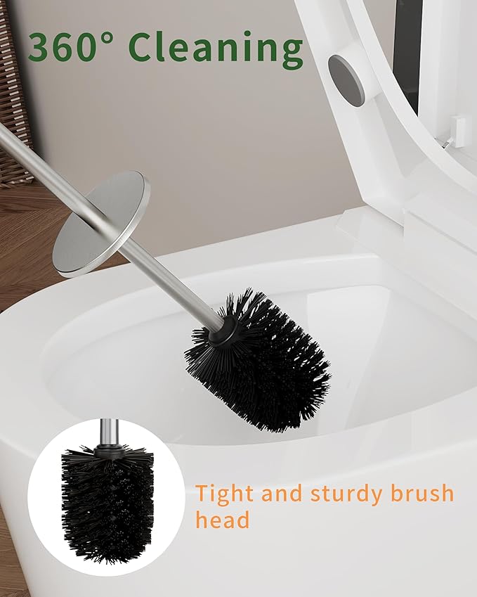 WZKALY Toilet Brush and Holder Set, Toilet Bowl Brush for Bathroom with Long Handle, Stainless Steel Toilet Cleaner Brush with Durable Scrubbing Bristles,Splash-Proof (Brushed Nickel)