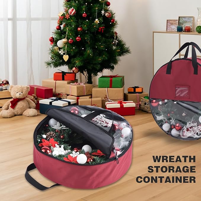 Christmas Wreath Storage Bag 30 inch Christmas Decoration Container with Transparent Window Garland Storage Bag with Three Handles Double Zipper (red) (30")