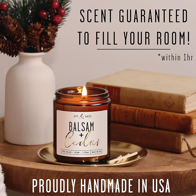 Balsam Candle, Christmas Candles Scented - 'Balsam + Cedar' Soy Candle, w/Balsam Fir, Cedar & Citrus - Infused with Essential Oils I Balsam Fir Candles I 9oz, 50Hr, Made in USA