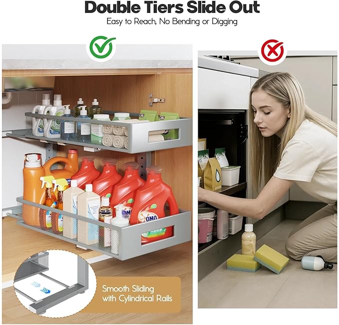 1 Pack 19IN Depth Under Sink Organizer, 2-Tier Pull Out Cabinet Organizer With Smooth Circular Rail, Large Capacity Metal Mesh Sliding Drawers For Bathroom& Kitchen Storage,Height Adjustable-Gun Gray