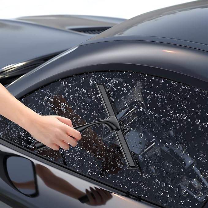 Black Shower Squeegee for Glass Door 12-Inch Bathroom Squeegee Window Wiper, with Shower Door Hook, Adhesive Hook, Spare Silicone Blade for Window Mirror Car All-Purpose Squeegee