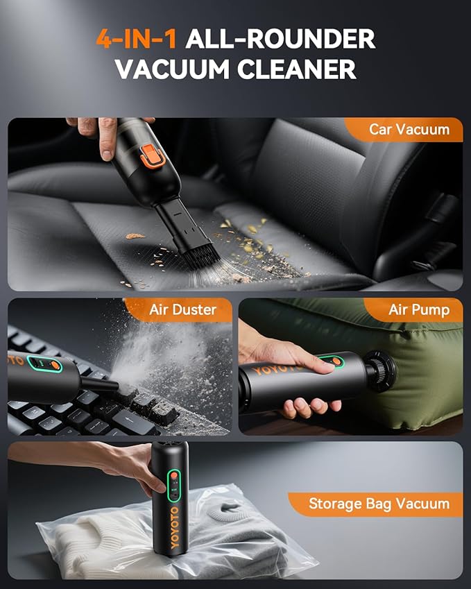 yoyoto Car Vacuum, Handheld Vacuum Cordless with 21000Pa Powerful Suction & 3 Modes, 4-in-1 Portable Hand Held Mini Vacuum Cleaner Rechargeable, Ultra Light for Car Home Office (Black)